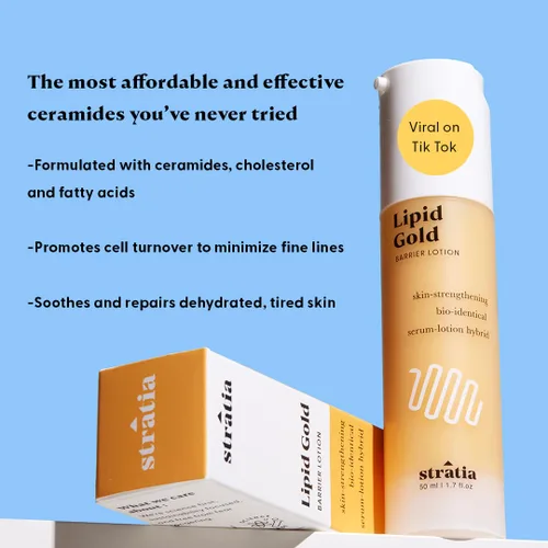 Vista 2 de Stratia Lipid Gold Crema hidratante de ceramida fortalecedora de la piel con niacinamida, hidrata y calma todo tipo de piel, 1.7 onzas líquidas