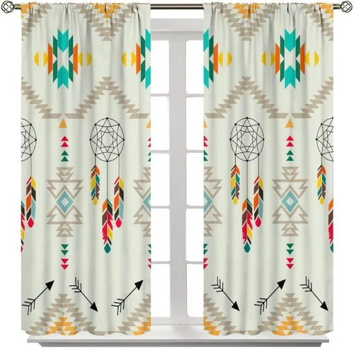 Vista 132 de Cortinas con patrón geométrico tribal, estilo suroeste, azteca, rústico, occidental, nativo americano, opacas, con bolsillo para barra, decoración