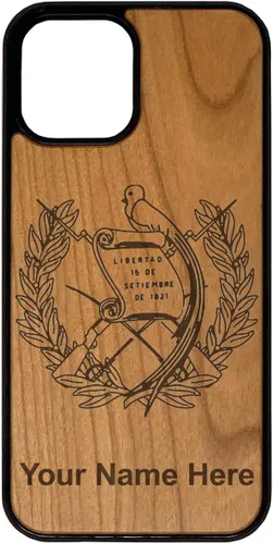 Vista 6 de Funda de madera natural compatible con iPhone, bandera de Guatemala, grabado personalizado incluido (bambú)