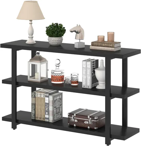 Vista 8 de FOLUBAN Mesa de entrada negra, mesas consola modernas con estantes de almacenamiento de 3 niveles para sala de estar, mesa de sofá de madera y metal