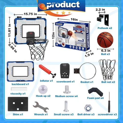 Vista 2 de Aro de baloncesto interior para niños de 5 a 10 años, con marcador electrónico y 3 bolas, mini aro sobre la puerta para cumpleaños de niños