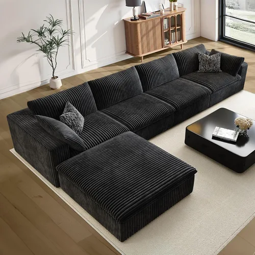 Vista 30 de 118" Cloud Couch Oversized Modular Sectional Sofa, Boneless L-Shaped 6 Seater Deep Seat Couch with Ottoman, Soft Corduroy Upholstery, DIY Negro