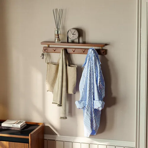 Vista 19 de Ganchos de pared de madera maciza con estante, perchero de pared, estante colgante de entrada con 6 ganchos de latón para sombreros, ropa, toallas