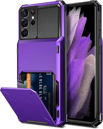 Vista 10 de Vofolen Funda tipo cartera para Galaxy S21 Ultra con 4 tarjetas, tarjetero con ranura para tarjeta de crédito, bolsillo trasero, doble capa, Negro