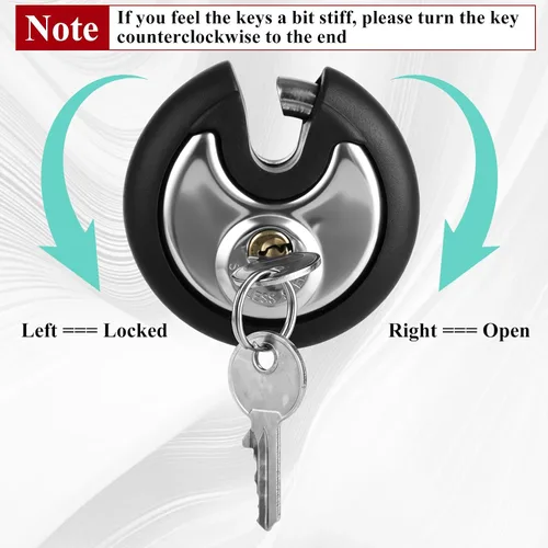 Vista 4 de 4 Pcs Disc Padlock 70 mm, Round Pad Lock with 8 Keys, Stainless Steel Body with Black Rubber Bumper, Storage Unit Use for Shed, Garage, Fence and