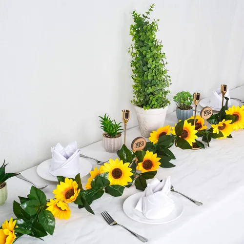 Vista 7 de DearHouse Paquete de 3 guirnaldas de girasoles artificiales de seda con hojas verdes para mesa de boda, decoración del hogar