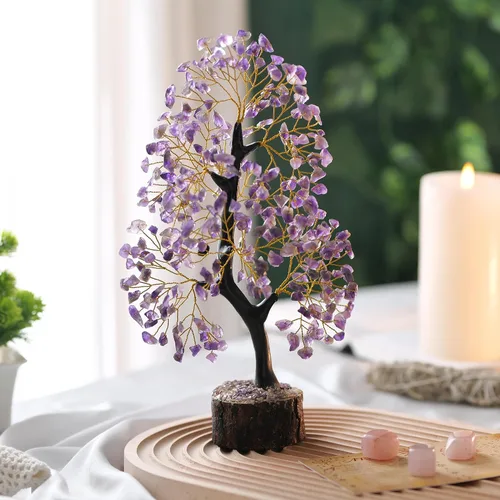Vista 6 de Cristales de amatista, árbol de cristal, piedras de chakras, árbol de la vida, árbol bonsái, decoración de escritorio, árbol artificial, árbol