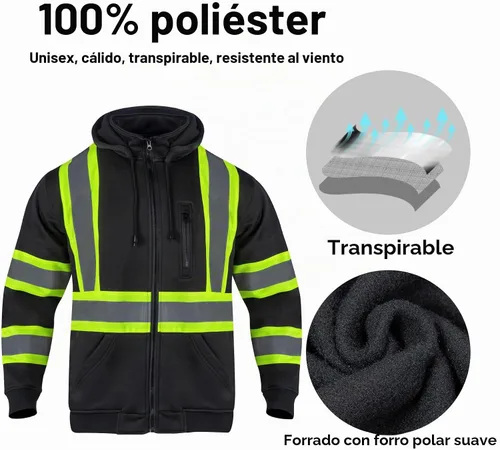 Vista 5 de VENDACE Sudadera con capucha de forro polar reflectante de alta visibilidad ANSI Clase 1 para hombres con capucha desmontable (negro, S)