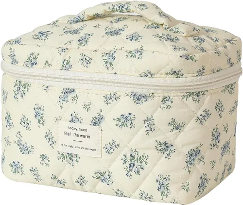 Vista 20 de uekeboag - Bolsa de maquillaje grande de viaje acolchada para mujer, neceser de algodón con estampado floral, neceser con estampado floral