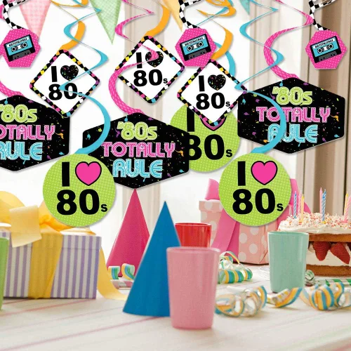 Vista 2 de Big Dot of Happiness Remolinos decorativos colgantes de fiesta de los años 80, estilo retro de los años 80, juego de 40