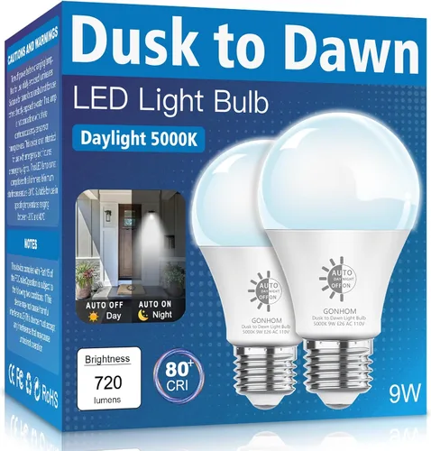 Vista 12 de Gonhom Paquete de 2 Bombillas de Luz del Atardecer al Amanecer para Exteriores, Blanco Cálido 2700K, 720LM, 9W (Equivalente a 60W) A19 E26 Bombillas