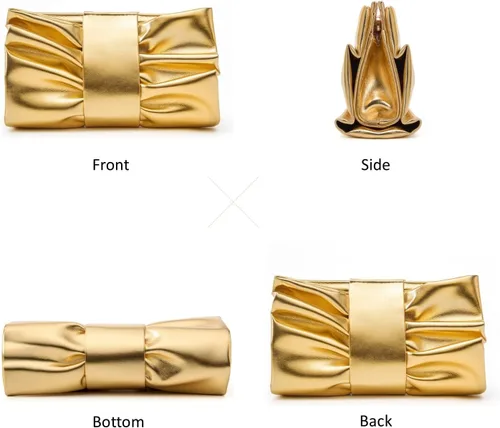 Vista 3 de Elegante bolso de mano con lazo para mujer, suave y plisado, bolsa de noche de poliuretano con cadena desmontable para fiesta de graduación, boda