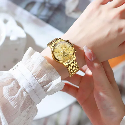 Vista 9 de OLEVS Reloj multifuncional de dos tonos para mujer, reloj analógico de cuarzo para mujer, de acero inoxidable, resistente al agua, con diamantes