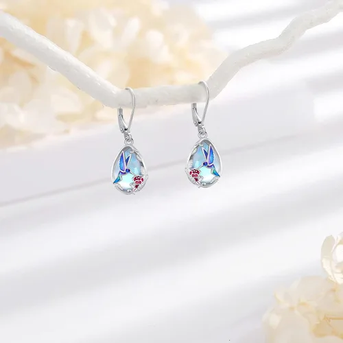 Vista 278 de Aretes colgantes de plata de ley con diseño de árbol de la vida, flor, abeja, animales, gato, colibrí, piedra lunar, turquesa, aretes con cierre