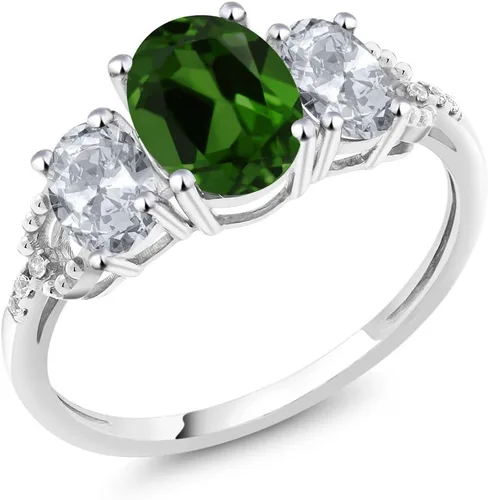 Vista 15 de Anillo de compromiso ovalado de oro blanco de 10 quilates con piedra natal y topacio blanco de 3 piedras con detalles de diamante Centro de 0.315