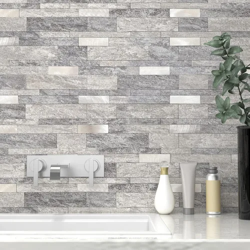 Vista 9 de VAOVI Azulejos autoadhesivos para salpicaduras de cocina, azulejos estilo metro lineal de mosaico de piedra para baño, pared de ducha impermeable