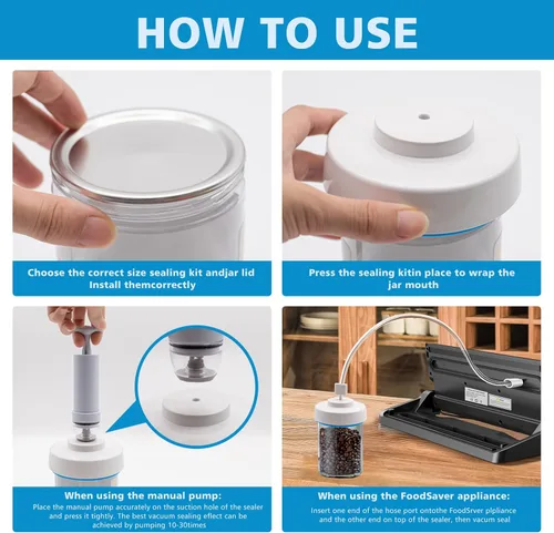 Vista 5 de Sellador al vacío para tarros Mason y manguera de accesorios compatible con sellador al vacío FoodSaver, bomba de mano portátil para frascos de boca