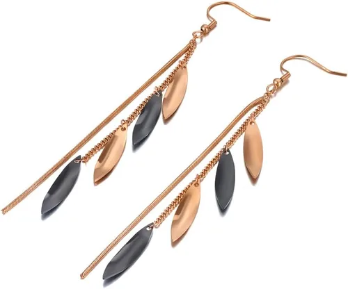 Vista 3 de BOBOTUU Aretes geométricos negros para mujer, de acero inoxidable, hipoalergénicos, hechos a mano, aretes colgantes de oro rosa, gruesos y delicados