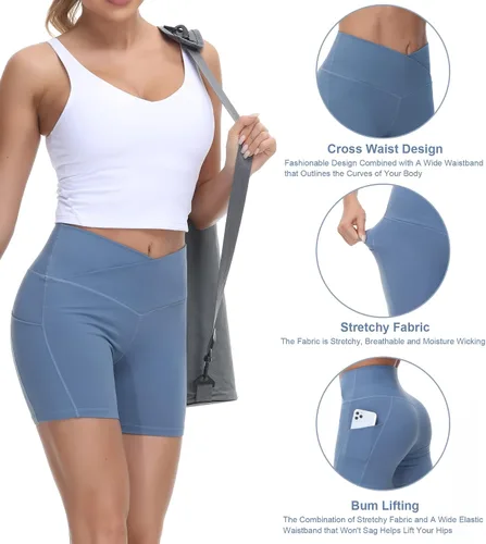 Vista 6 de Pantalones cortos de entrenamiento de cintura cruzada para mujer, con control de abdomen, de elastano, con bolsillos profundos