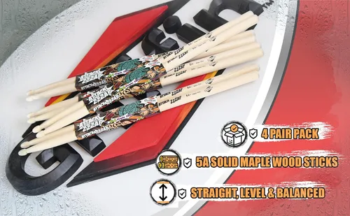 Vista 8 de GRIFFIN Attack Zzzap - 4 pares de palos de madera de arce selecta de élite tamaño 5A – Equilibrado, nivelado y recto – Drummers Percussion Classic