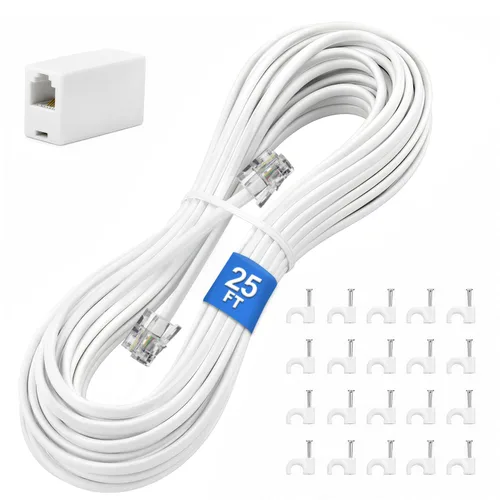 Vista 8 de Uvital Cable de extensión de teléfono de 15 pies, acoplador RJ11 y clips de Negro