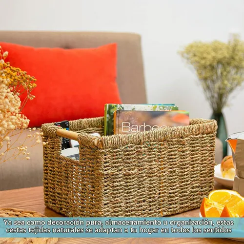 Vista 8 de Cesta de hierba marina natural con mango de madera, cesta de mimbre rectangular mediana para sala de estar, 12.2 x 8.9 x 6.7 pulgadas, paquete de 3