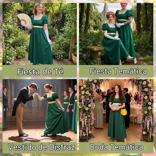Vista 5 de Vestido de regencia para mujer, cuello cuadrado, manga abombada Verde oscuro