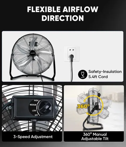 Vista 6 de KEN BROWN Ventilador de piso de alta velocidad de 20 pulgadas, ventilador de caja de 5 cuchillas de aluminio con 3 velocidades, 4650 CFM