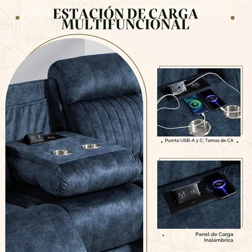 Vista 5 de Sofá reclinable eléctrico con gravedad cero, sillón reclinable eléctrico con reposacabezas ajustable, carga inalámbrica, puertos USB/C, sofá Azul