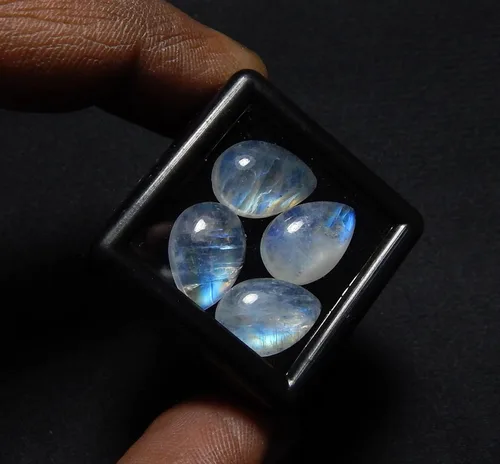 Vista 5 de 0.354x0.512 in Pera Azul Fuego AAA Calidad Arco Iris Natural Piedra Lunar Calibrado Cabujón Piedra Preciosa Suelta Caja de 4 piezas, piedra de luna