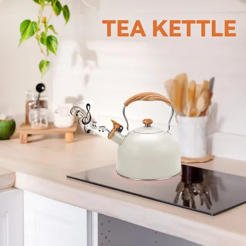 Vista 7 de Hervidor de Té Foedo para Estufa, Teteras Silbantes de 2.6 Cuartos para Estufa, Mango Plegable Resistente al Calor, Tetera Bonita (Beige)