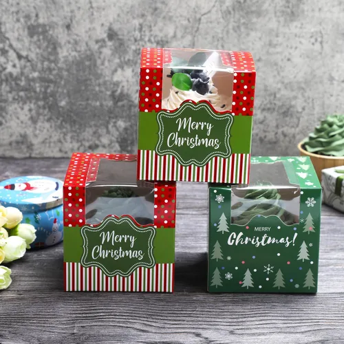Vista 6 de 20 cajas individuales para cupcakes de Navidad con insertos, cajas de magdalenas con contenedores de ventana para cumpleaños, Navidad, boda, baby