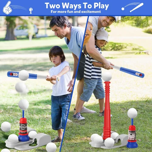 Vista 4 de KIZJORYA Juego de pelota en T, juego de pelota para niños de 3 a 5 años con 6 pelotas de béisbol grandes y máquina de lanzamiento automática y bate