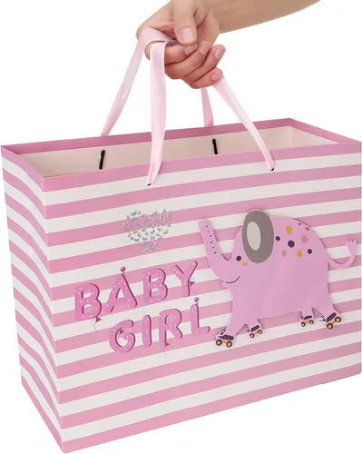 Vista 6 de wishinside Juego de bolsa de regalo rosa grande de 13 pulgadas con tarjeta de felicitación y papel de seda (elefante 3D) para bebé, baby shower