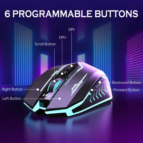 Vista 5 de Wireless USB Gaming Mouse, recargables uhuru 5 botones 7 Changeable LED Color ergonómico programable MMO RPG para PC computadora Portátil gaming