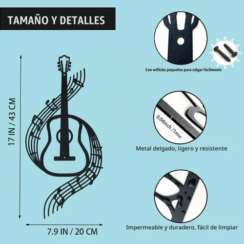 Vista 2 de DUOOLN Decoración de Pared con Notas Musicales Negras Arte de Pared de Guitarra Metálica Esculturas para el Hogar Arriba de la Cama, Cartel de Negro