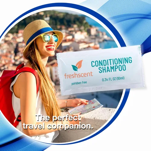 Vista 2 de Freshscent Paquete de champú acondicionador, 100 unidades, 0.34 onzas cada uno, tamaño de viaje de un solo uso, fácil de abrir para kits de higiene