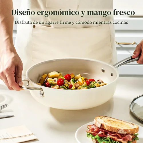 Vista 3 de Redchef Sartén Salteadora de Cerámica con Tapa, Sartén Profunda Antiadherente para Freír, Cocinera Jumbo de 5QT con Mango Auxiliar y Tapa, Sartén