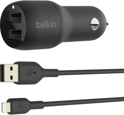 Vista 2 de Belkin Cargador USB dual para automóvil de 24 W, 2 puertos USB-A de 12 W con cable Lightning, carga rápida para iPhone de Apple, Samsung Galaxy