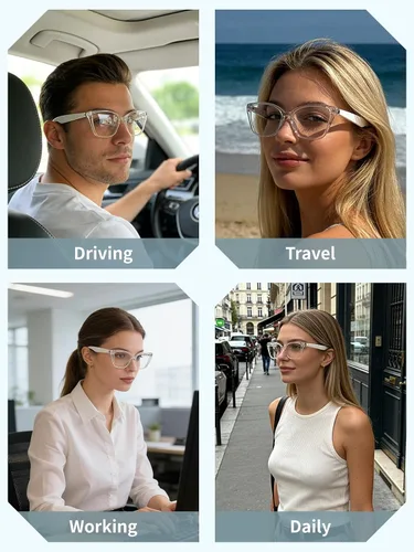 Vista 9 de Lentes inteligentes para mujer, con audio de oído abierto, Bluetooth con marco transparente, llamadas manos libres, cómodos de llevar para viajes