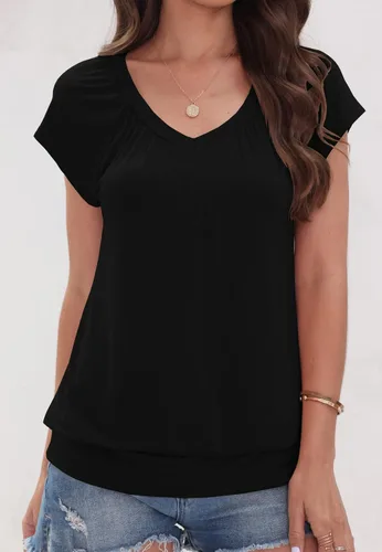 Vista 2 de Veatzaer Camisetas de manga casquillo para mujer, con cuello en V, estilo casual, con bandas, ajuste holgado, básicas