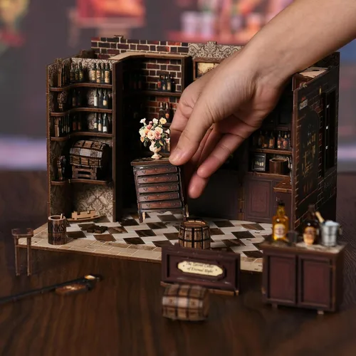 Vista 6 de Kit de rincón de libros, kit de casa de muñecas en miniatura con muebles y luz LED, rompecabezas 3D, sujetalibros de arte de madera, kits