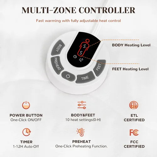 Vista 3 de GOTCOZY - Funda para colchón con calefacción de múltiples zonas, tamaño individual - Funda eléctrica para colchón de hasta 15" con 10 ajustes