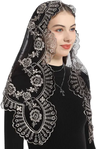 Vista 4 de Bozidol Mantilla triangular con velo de iglesia Cruz de cáliz bordado, velo de misa católica vintage para mujer