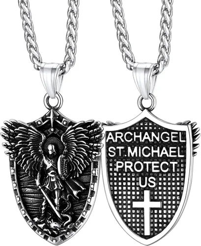 Vista 31 de FaithHeart Collar de San Miguel, acero inoxidable, chapado en oro de 18 quilates, amuleto colgante de San Miguel Arcángel para hombres y mujeres