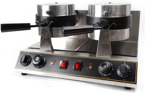 Vista 4 de Máquina de gofres belga de doble cabeza comercial giratoria de doble alerón para desayunar, cocina antiadherente, resistente, para restaurante, mini
