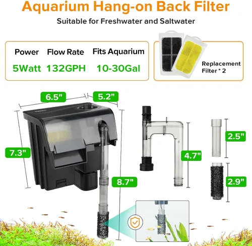 Vista 6 de hygger Filtro de acuario para colgar en la parte posterior, 5 W, 132 GPH para filtro de tanque de peces de potencia silenciosa de 10 a 30 galones