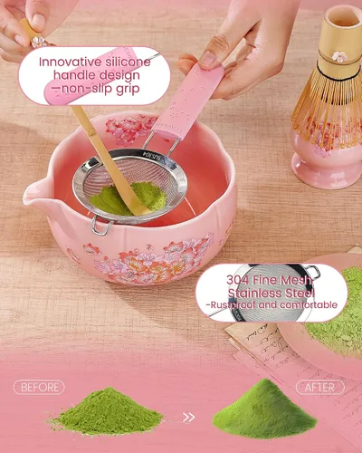 Vista 2 de Juego de batidor de matcha, juego de 6 piezas de matcha que incluye un tazón grande de matcha, batidor de bambú y cuchara con bonito encanto