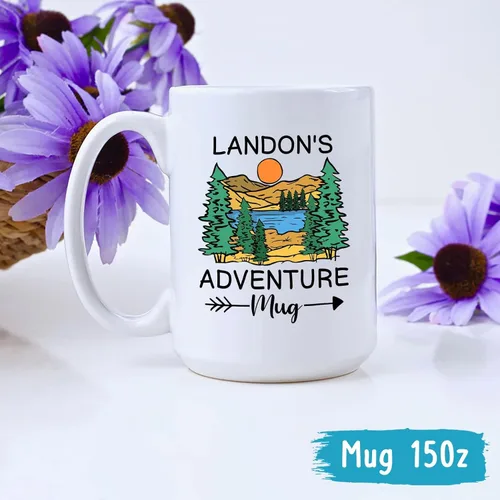 Vista 5 de Taza personalizada de fogata – 11 oz y 15 onzas, nombre personalizado, diseños de aventura y montaña, perfecta para campistas y viajeros