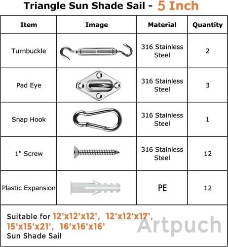 Vista 5 de Artpuch Kit de accesorios para toldo de 5 pulgadas para toldo triangular para instalación al aire libre, acero inoxidable 304